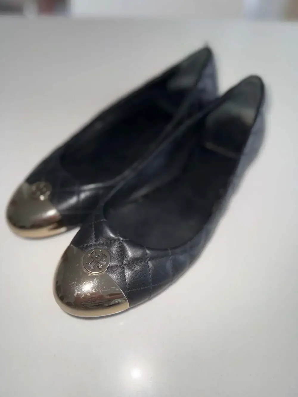 Tory Burch Black Quilted Leather Metal Toe Cap Ballet Flats Size 8M